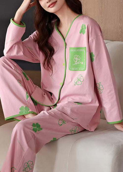 Pajamas Print Art Pants Two Set Pink Cotton Piece Button And Tops
