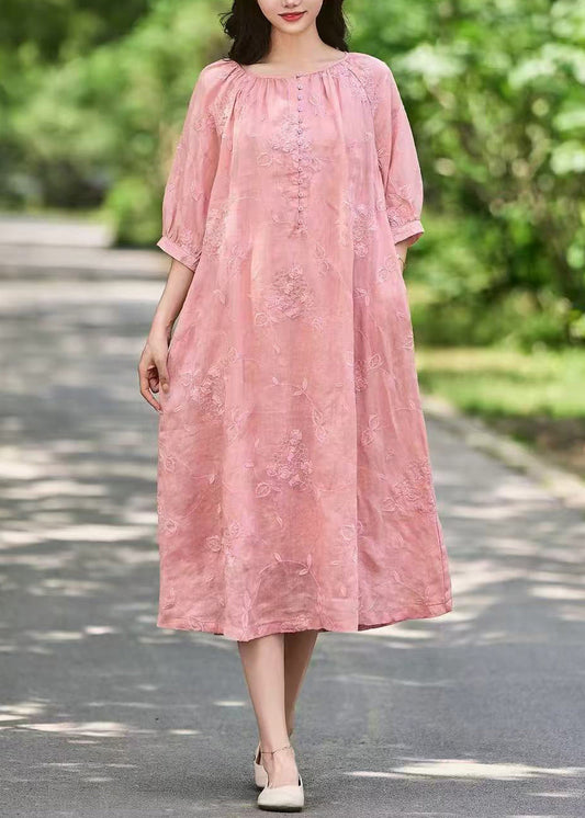 Half Art Dress Embroidered Pockets Pink Sleeve Linen Button Long