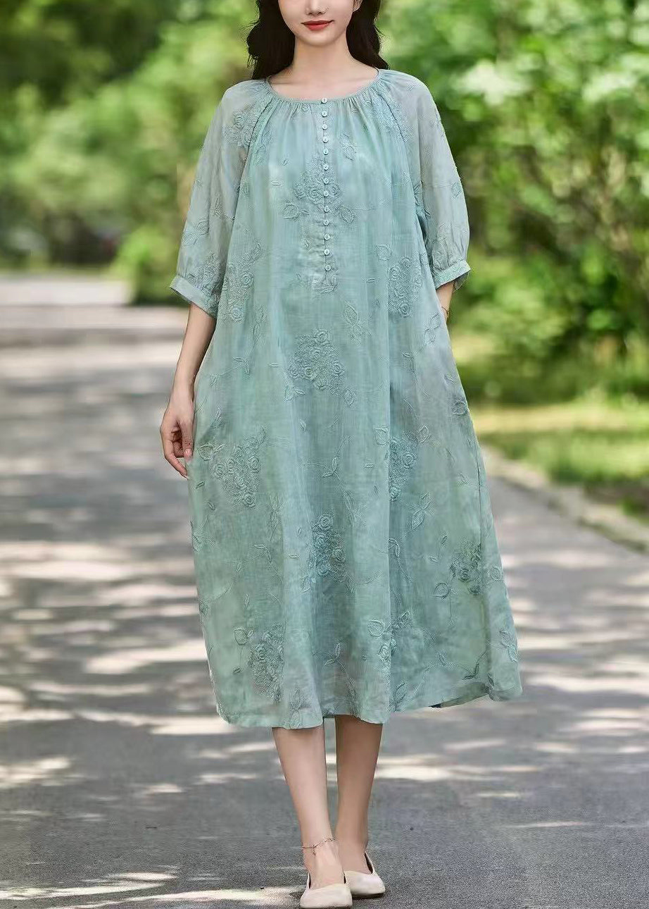 Half Art Dress Embroidered Pockets Pink Sleeve Linen Button Long