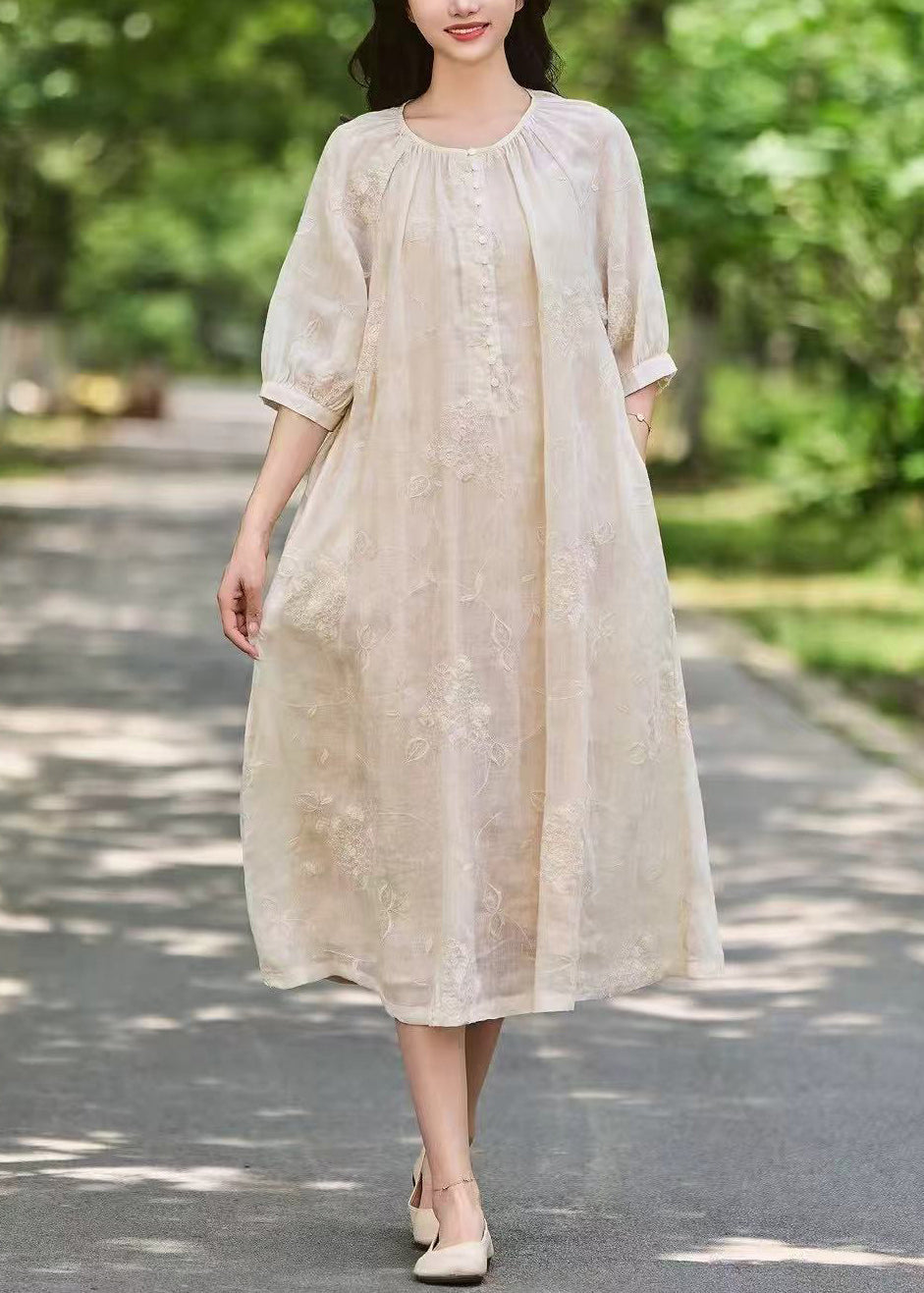 Half Art Dress Embroidered Pockets Pink Sleeve Linen Button Long