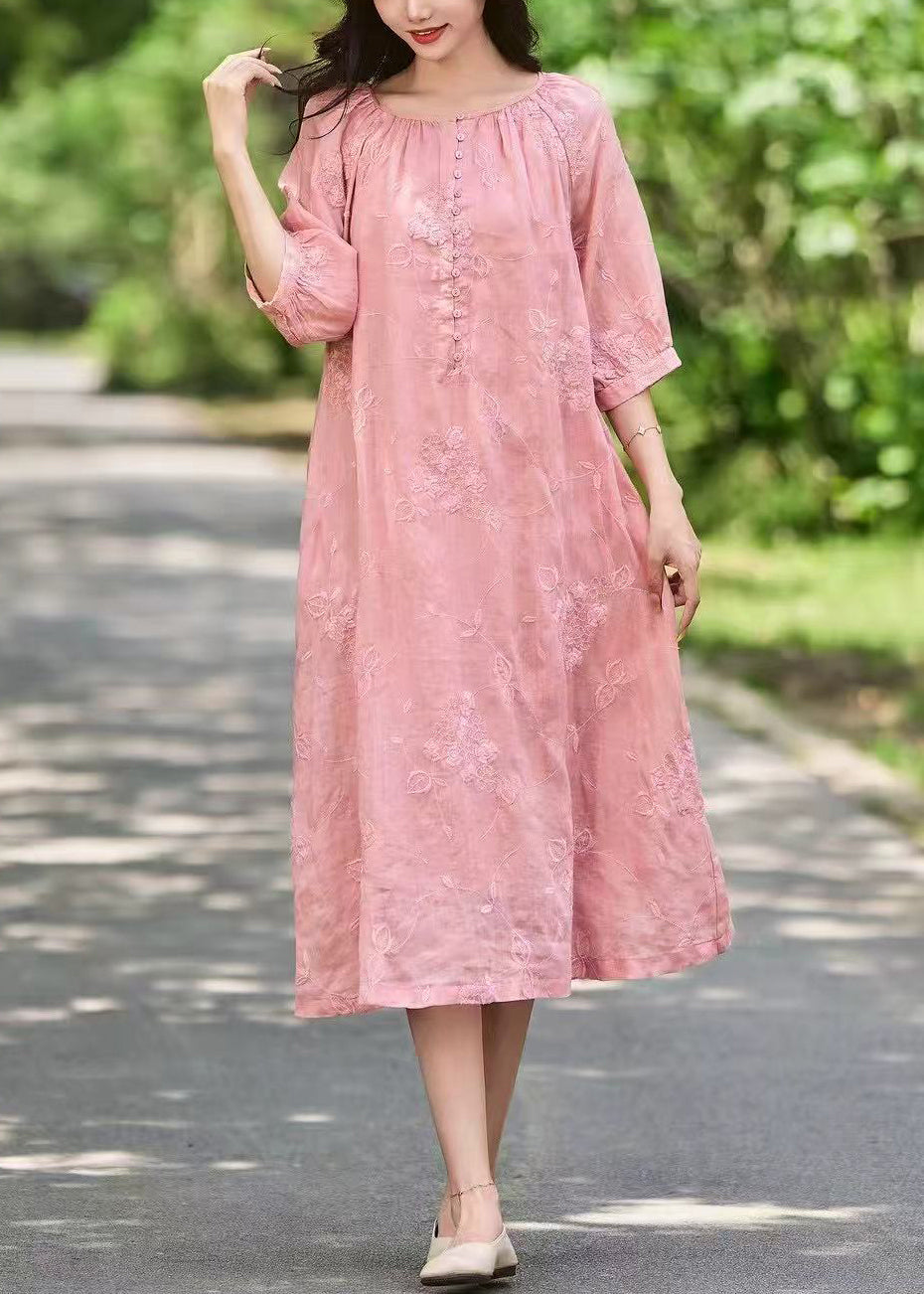 Half Art Dress Embroidered Pockets Pink Sleeve Linen Button Long