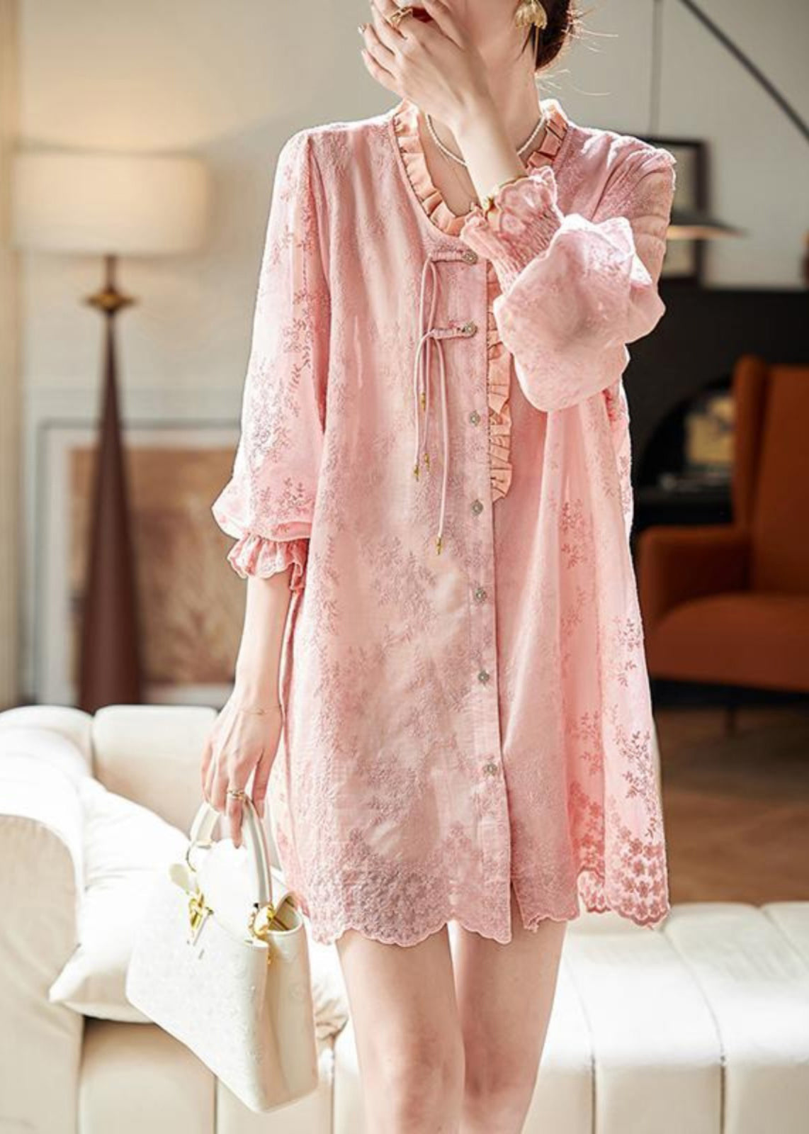 Art Pink Embroidered Ruffled Shirts Dress Fall AC1005