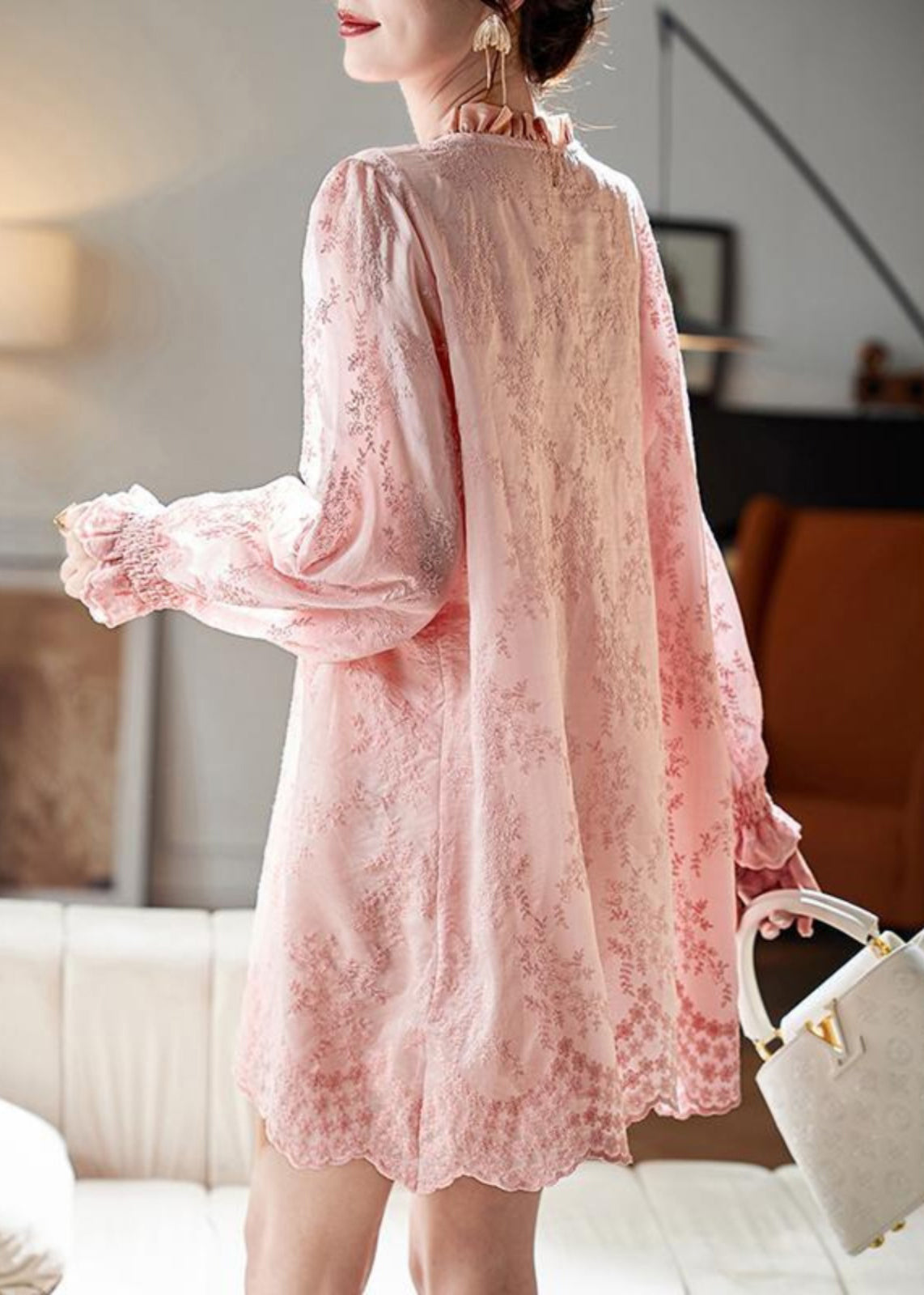 Art Pink Embroidered Ruffled Shirts Dress Fall AC1005