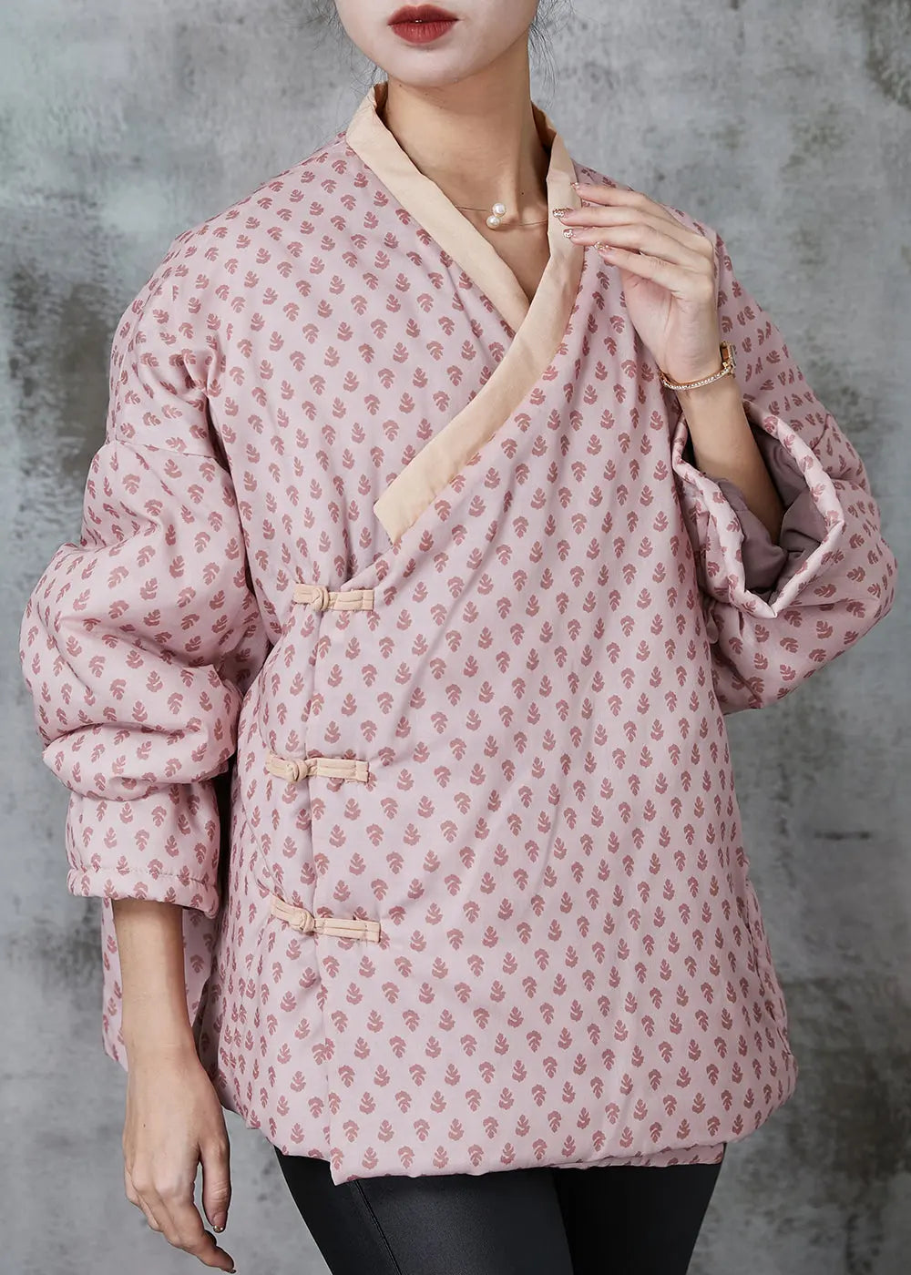 Art Pink Print Chinese Button Fine Cotton Filled Coat Spring Ada Fashion