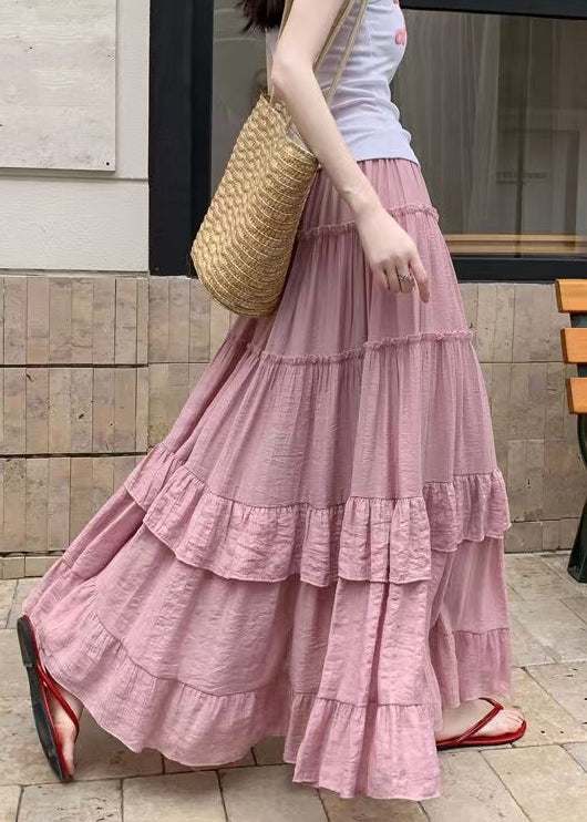 Skirts Waist Cotton Elastic Art Summer Pink Ruffled