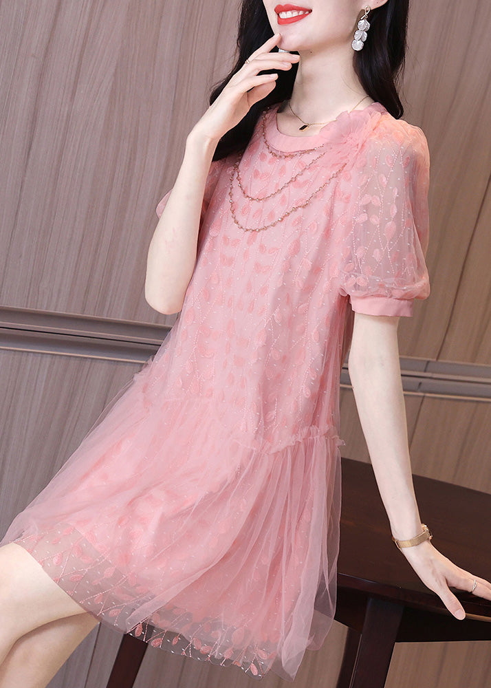 Ruffled Sleeve Patchwork Tulle Pink Mid Art Party Short Dress