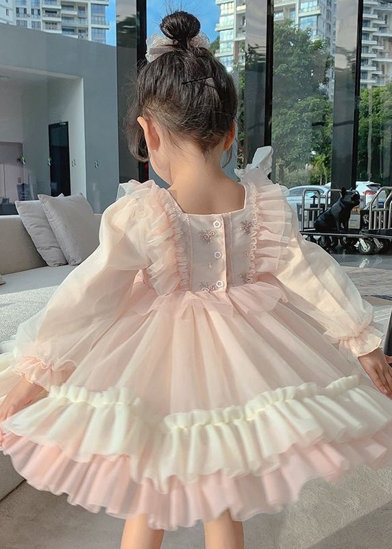 Robe longue en tulle brodée à col carré rose pour filles, manches longues XZ002