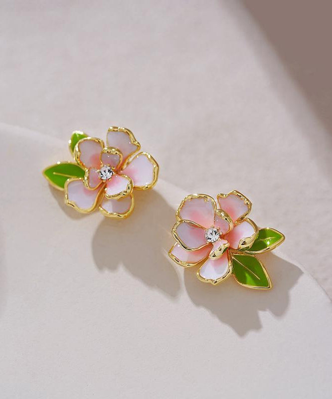 Art Pink Sterling Silver Overgild Zircon Enamel Camellia Flower Stud Earrings WP004