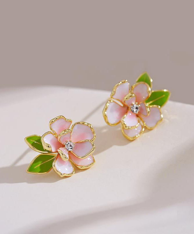 Art Pink Sterling Silver Overgild Zircon Enamel Camellia Flower Stud Earrings WP004