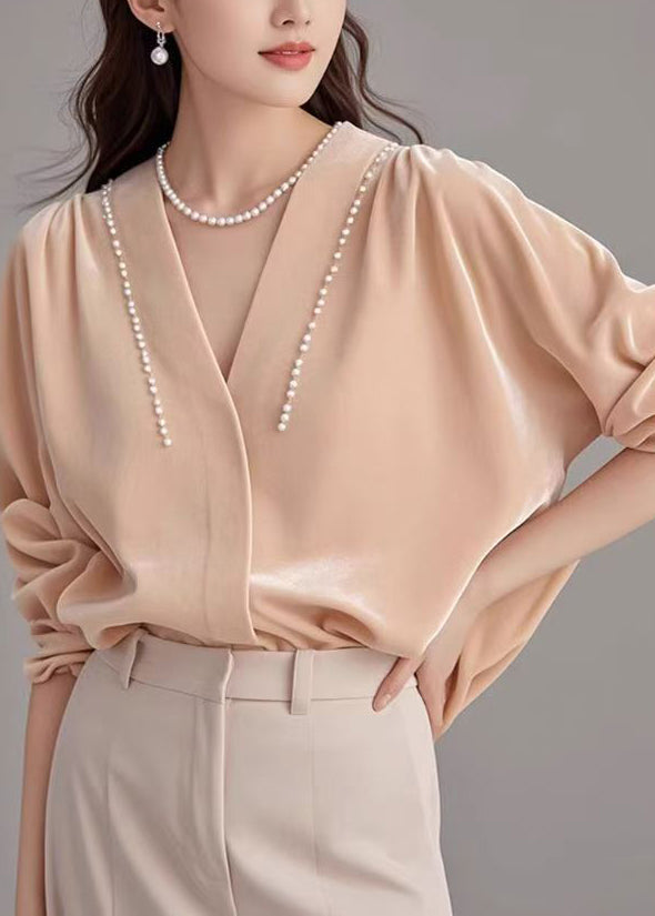 Pink Neck Velour Art Shirt Pearl Silk Spring V