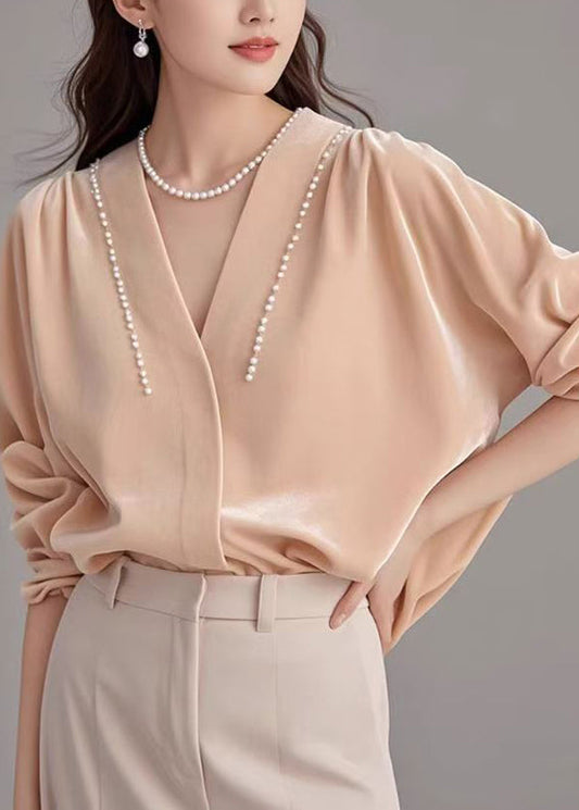 Pink Neck Velour Art Shirt Pearl Silk Spring V