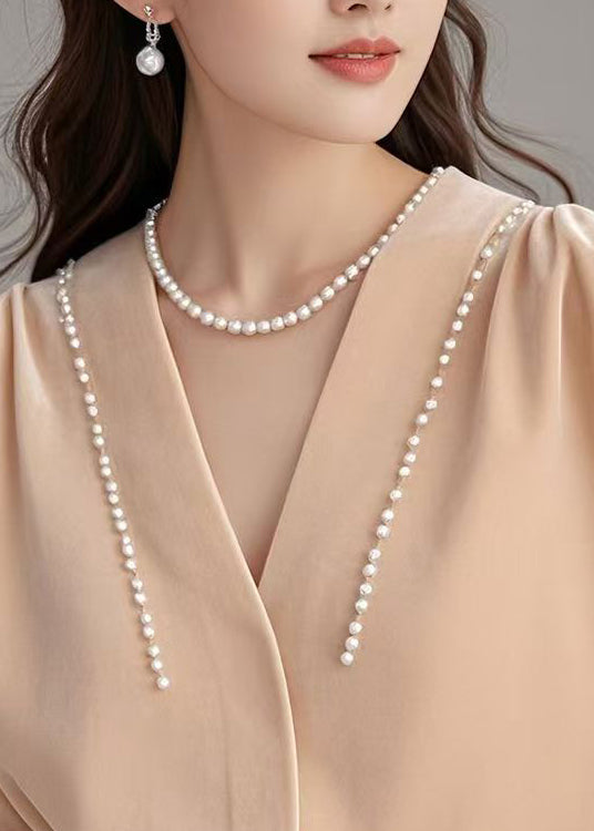 Pink Neck Velour Art Shirt Pearl Silk Spring V