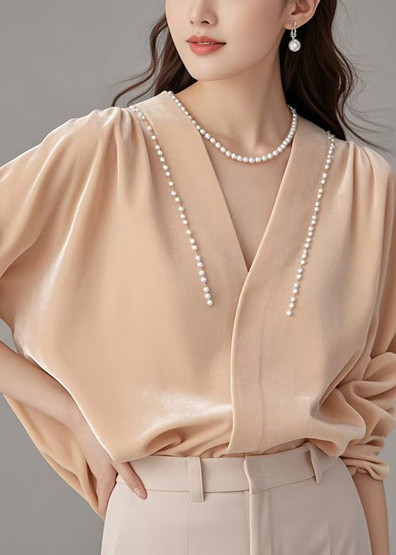 Pink Neck Velour Art Shirt Pearl Silk Spring V