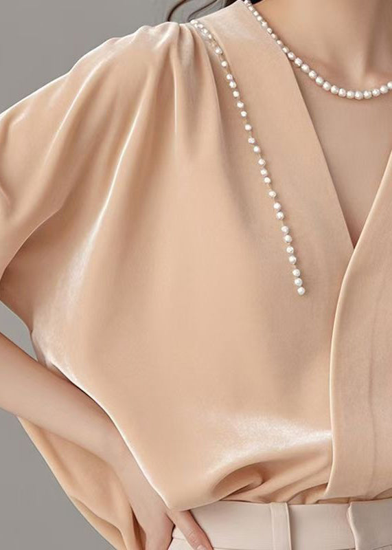 Pink Neck Velour Art Shirt Pearl Silk Spring V