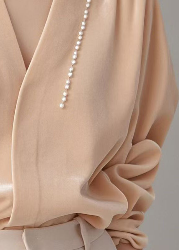 Pink Neck Velour Art Shirt Pearl Silk Spring V