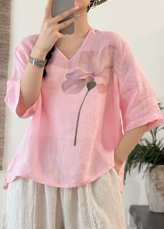 Art Print Sleeve V Linen T Open Pink Neck Shirt Half Side