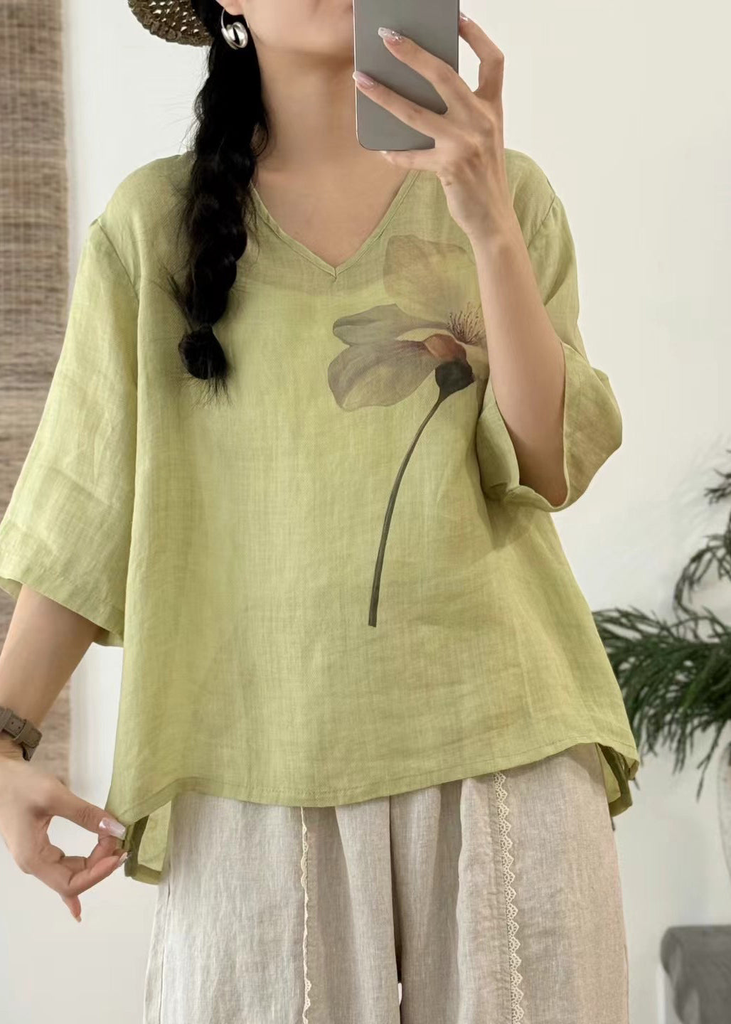 Art Print Sleeve V Linen T Open Pink Neck Shirt Half Side