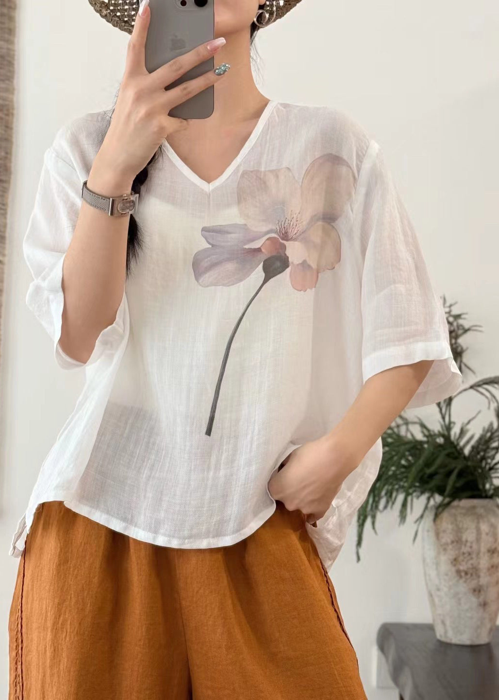 Art Print Sleeve V Linen T Open Pink Neck Shirt Half Side