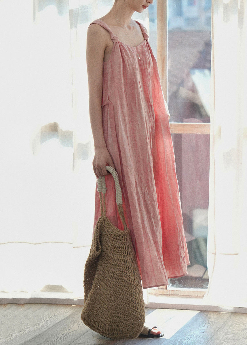 Art On Pink Sides Linen Waist Both Tie Wear Dress Spaghetti Strap