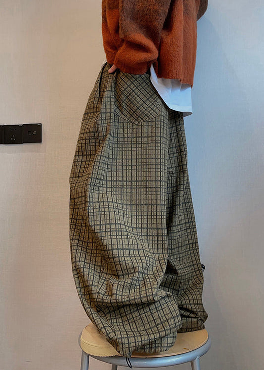Drawstring Leg Men Art Plaid Pockets Fall Cotton Wide Pants