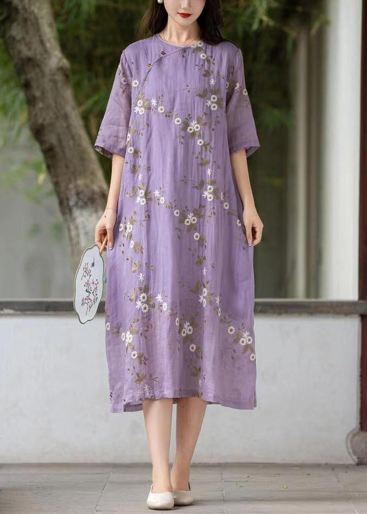 Robe d'été en lin à boutons brodés violets Art MN078