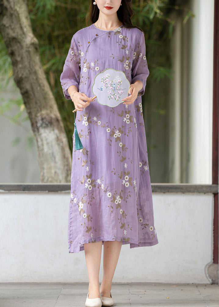 Robe d'été en lin à boutons brodés violets Art MN078