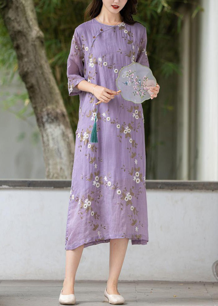 Robe d'été en lin à boutons brodés violets Art MN078