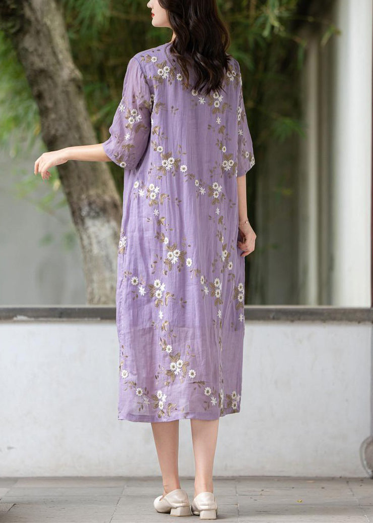 Robe d'été en lin à boutons brodés violets Art MN078