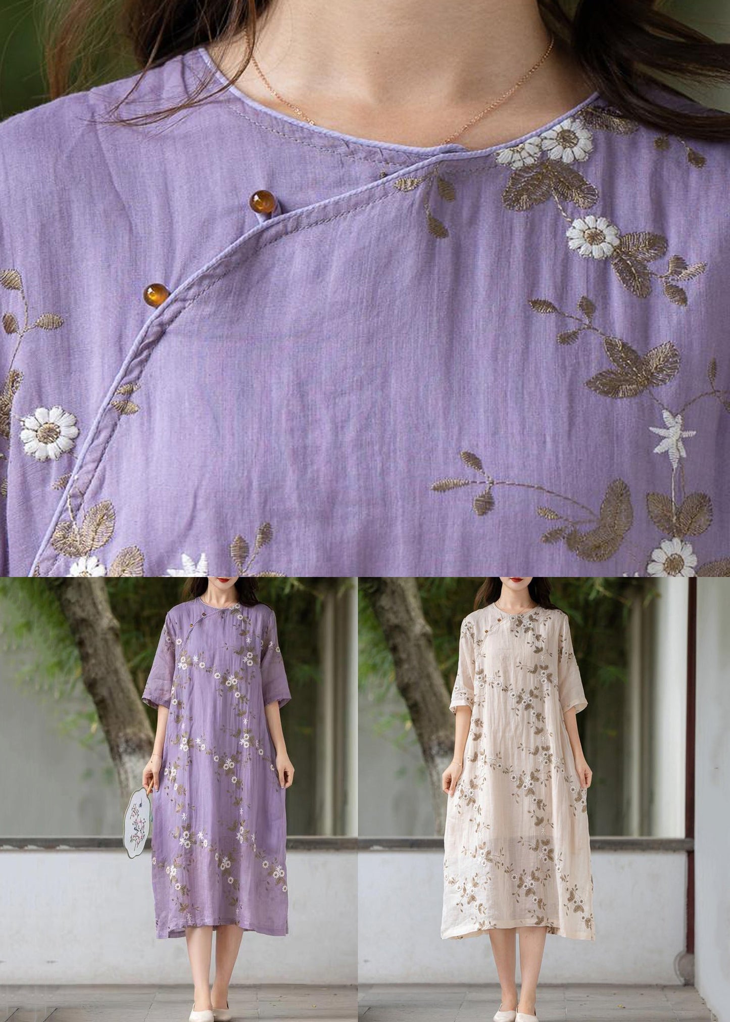 Robe d'été en lin à boutons brodés violets Art MN078