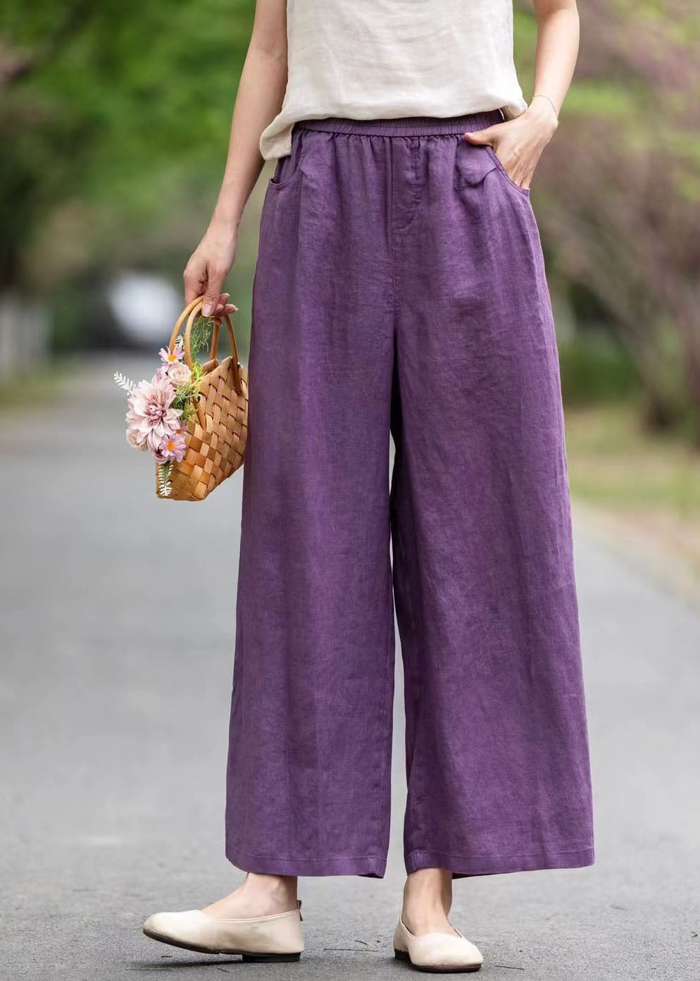 Linen Purple Oversized Pockets Pants Art Summer Straight