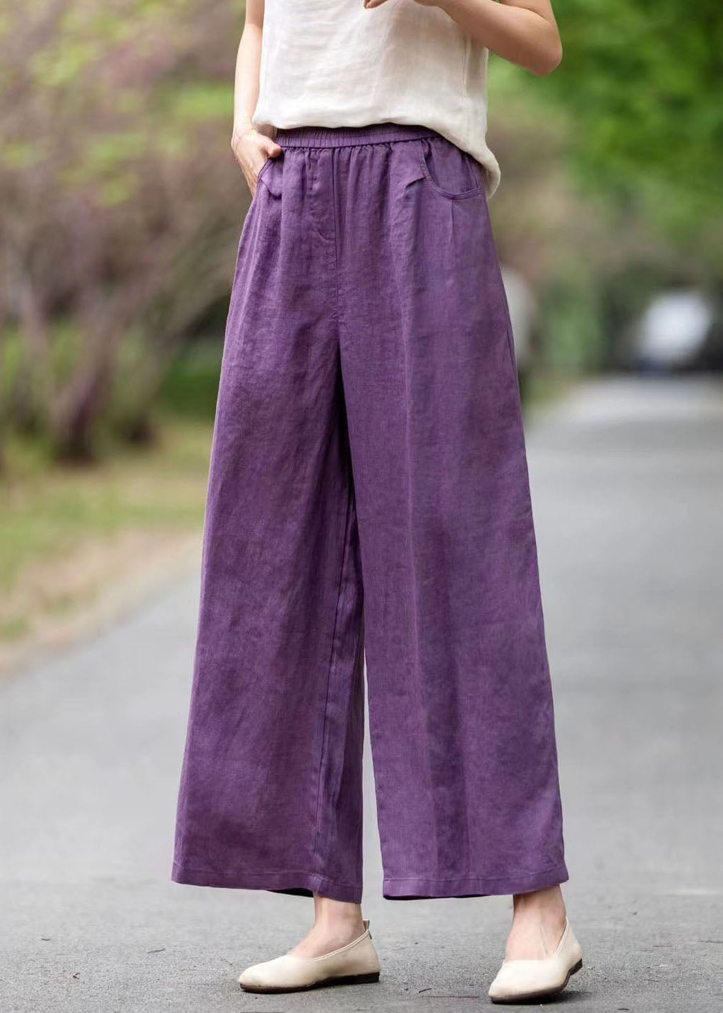 Linen Purple Oversized Pockets Pants Art Summer Straight