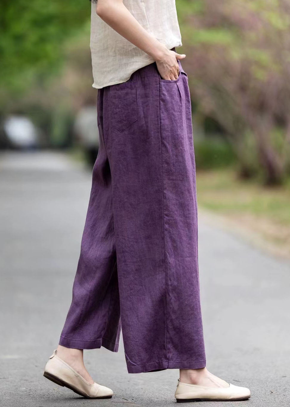 Linen Purple Oversized Pockets Pants Art Summer Straight