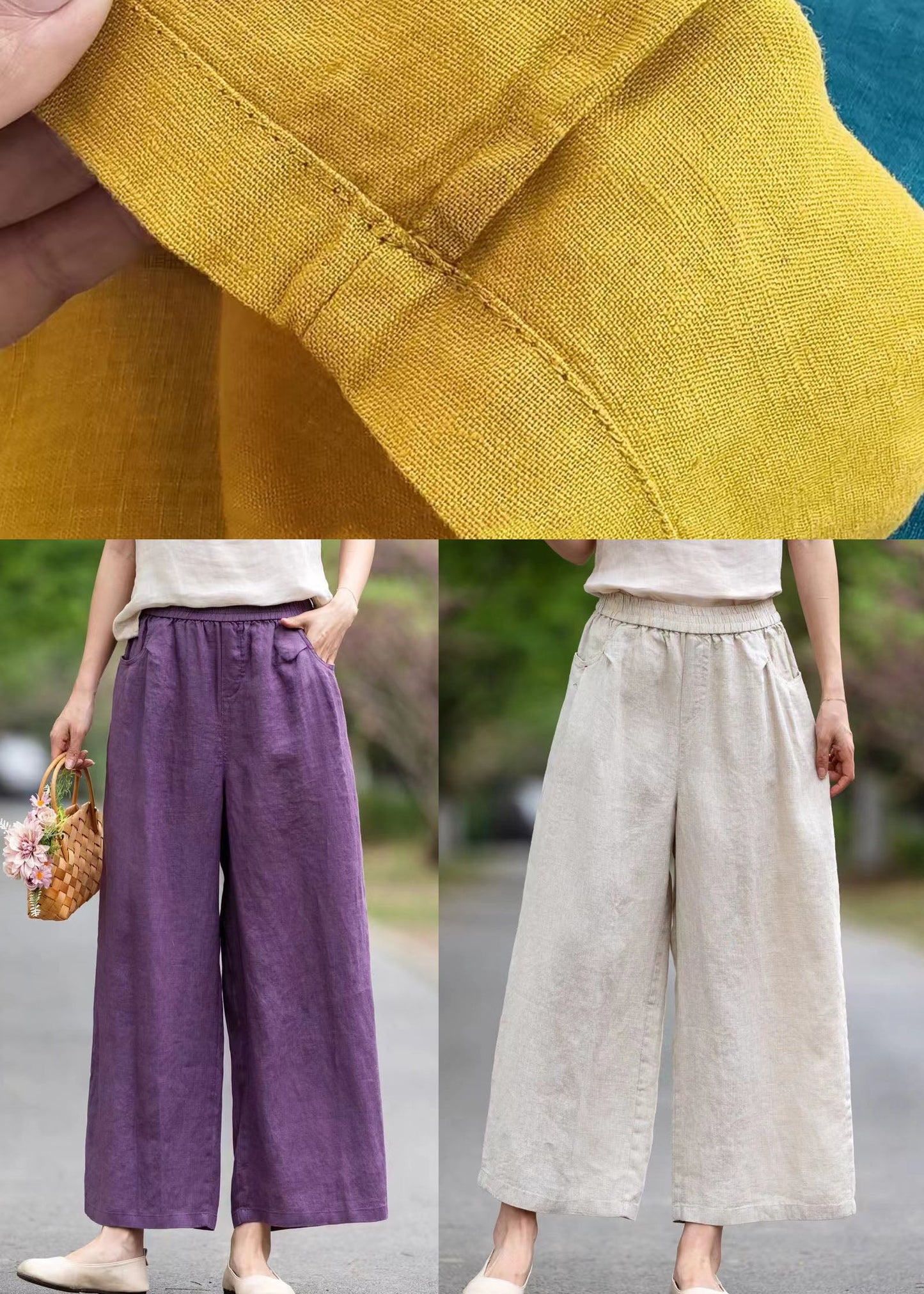Linen Purple Oversized Pockets Pants Art Summer Straight