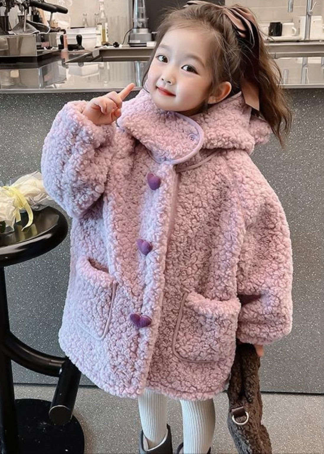 Art Purple Patchwork Pockets Faux Fur Girls Hoodie Long Coat Winter WL033