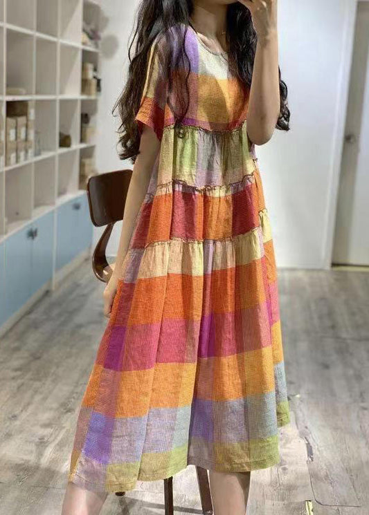 Art Plaid Rainbow Linen Dress Summer Ruffled