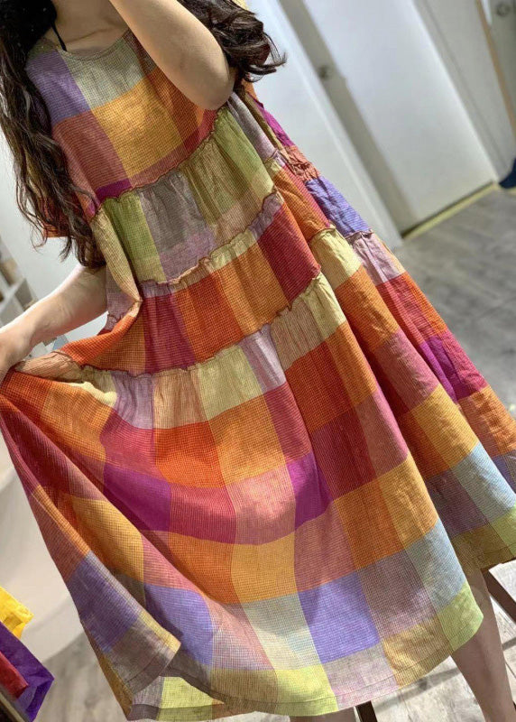 Art Plaid Rainbow Linen Dress Summer Ruffled