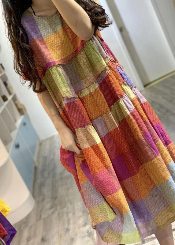 Art Plaid Rainbow Linen Dress Summer Ruffled