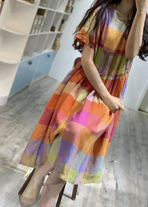 Art Plaid Rainbow Linen Dress Summer Ruffled
