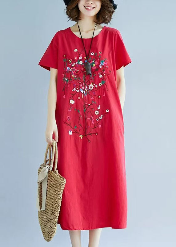Summer Holiday Dress Art Red Embroidered Linen
