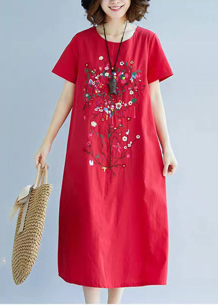 Summer Holiday Dress Art Red Embroidered Linen