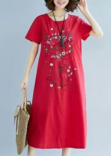 Summer Holiday Dress Art Red Embroidered Linen