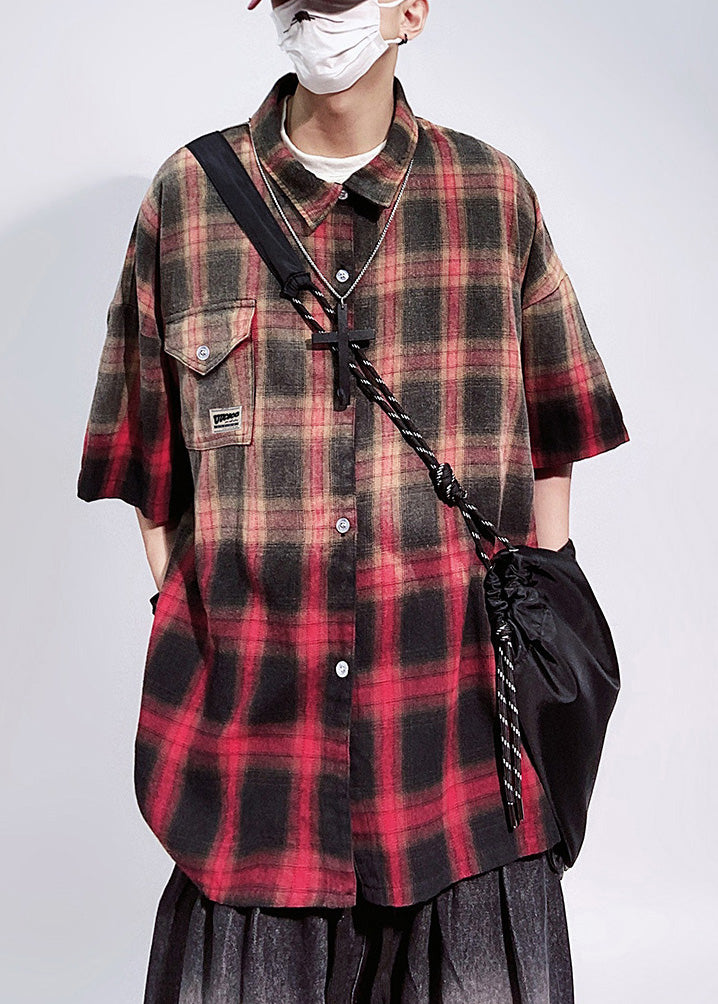 Mens Half Plaid Pockets Shirts Sleeve Oversized Red Cotton Art
