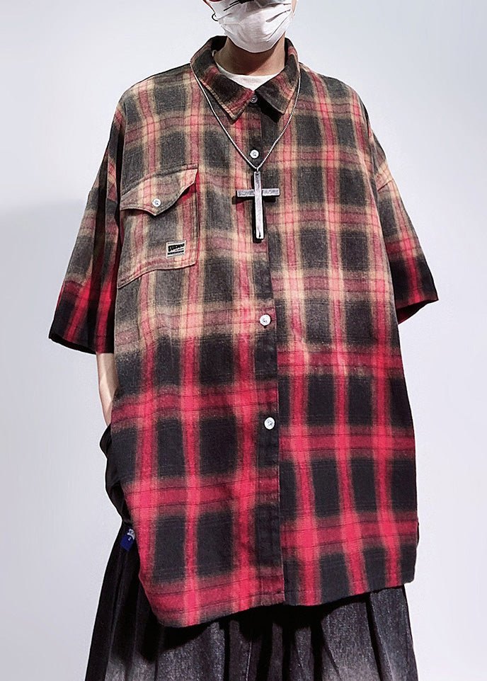 Art Half Shirts Sleeve Pockets Plaid Mens Cotton Red Oversized