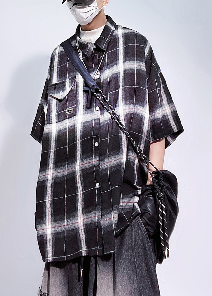 Art Half Shirts Sleeve Pockets Plaid Mens Cotton Red Oversized