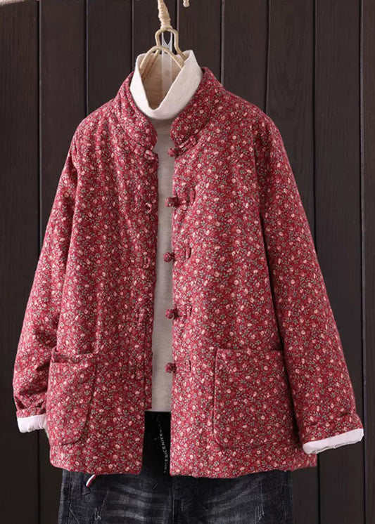 Art Red Print Button Pockets Thick Coat Winter QG036