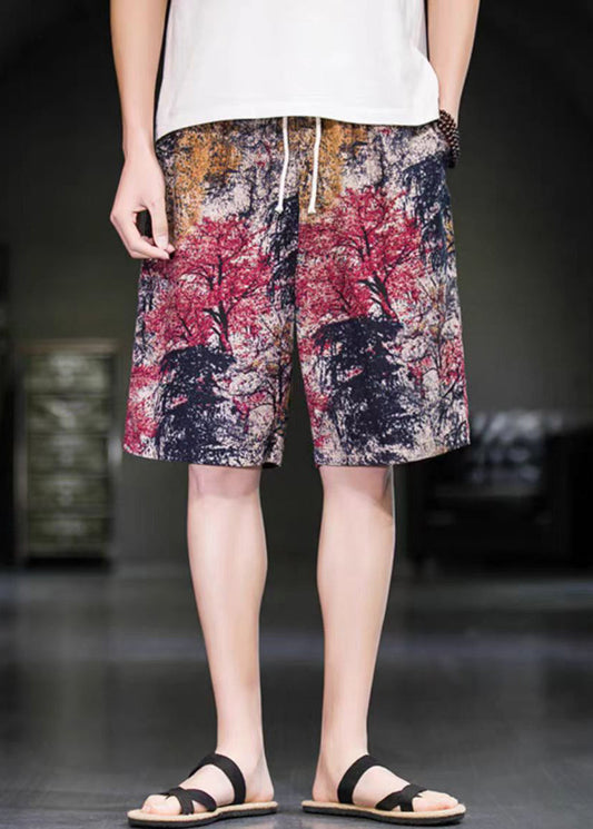 Red Cotton Art Waist Print Men Elastic Summer Pants