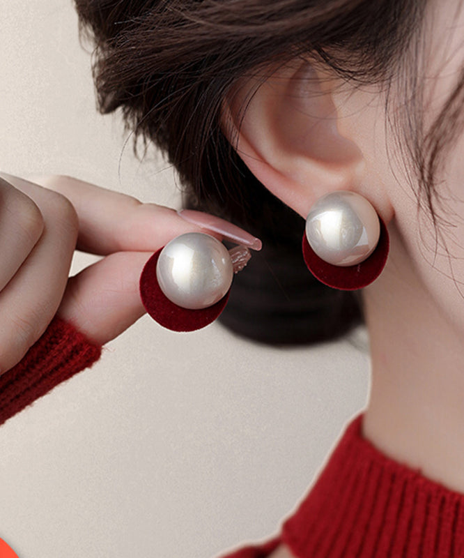 Red Earrings Sterling Pearl Stud Silver Art Flocking