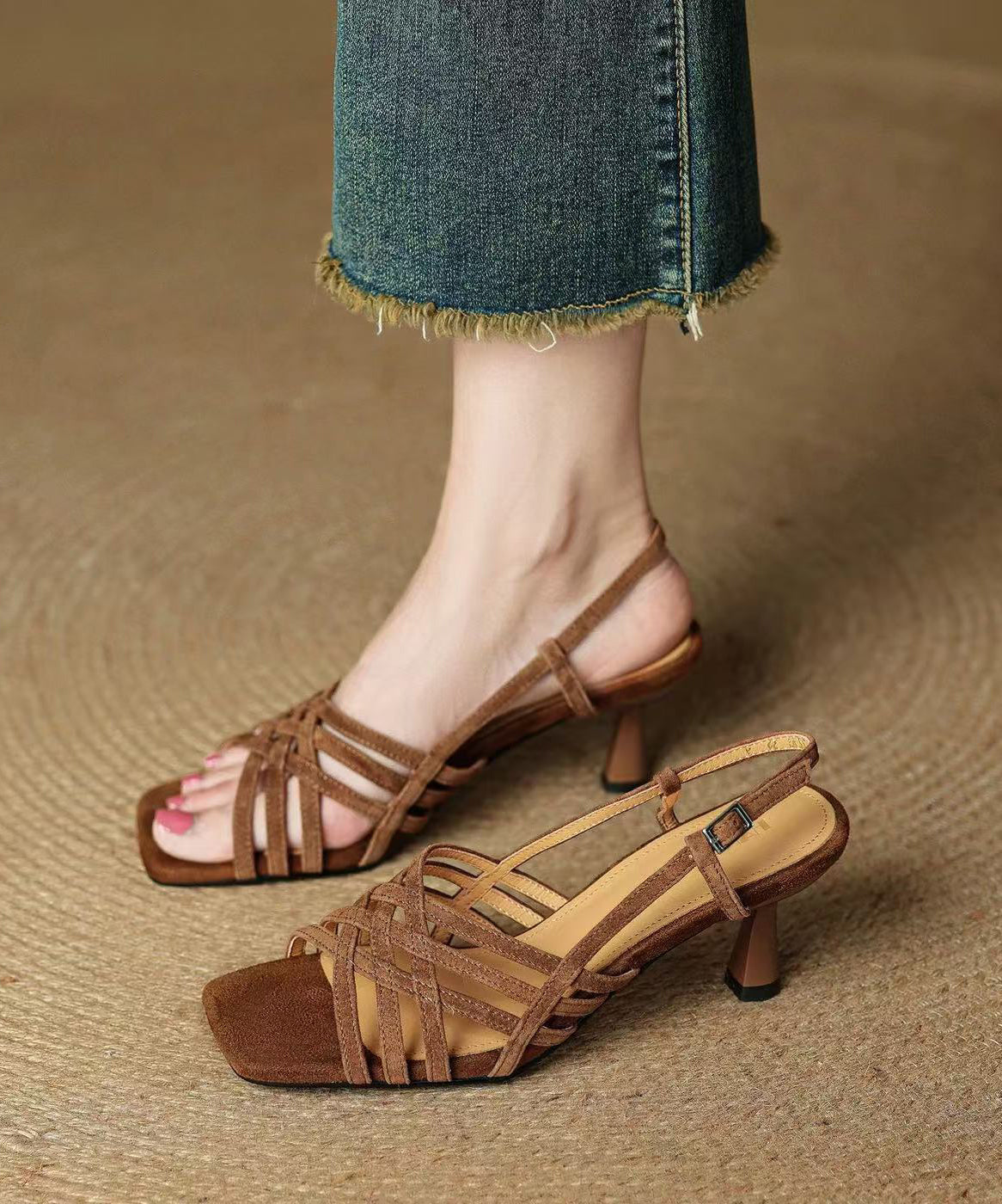 Art Splicing Sandals Peep Suede High Heel Toe Black