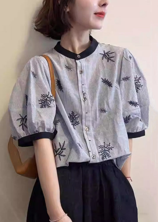 Striped Blouses Summer O Cotton Art Neck Patchwork Embroidered