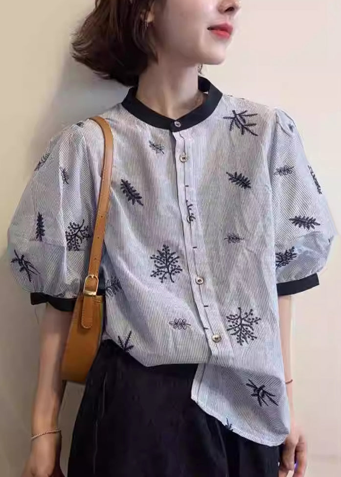 Striped Blouses Summer O Cotton Art Neck Patchwork Embroidered